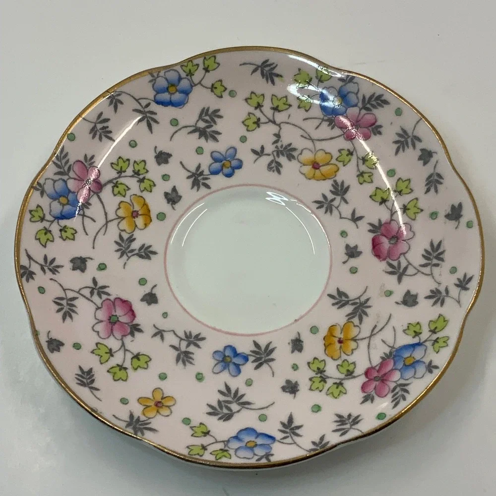 Foley China Pink Floral Bone China Saucer Gold Trim Scalloped Edge England Vinta